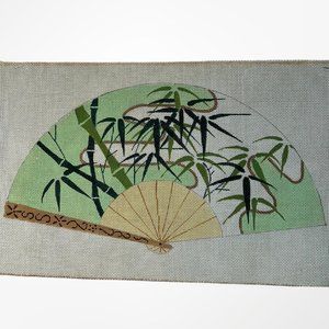 Hand Painted Vintage Needlepoint Canvas Asian Fan with Bamboo
